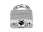 Cadeado Parkside cinzento com manilha cromada e fechadura visível.
