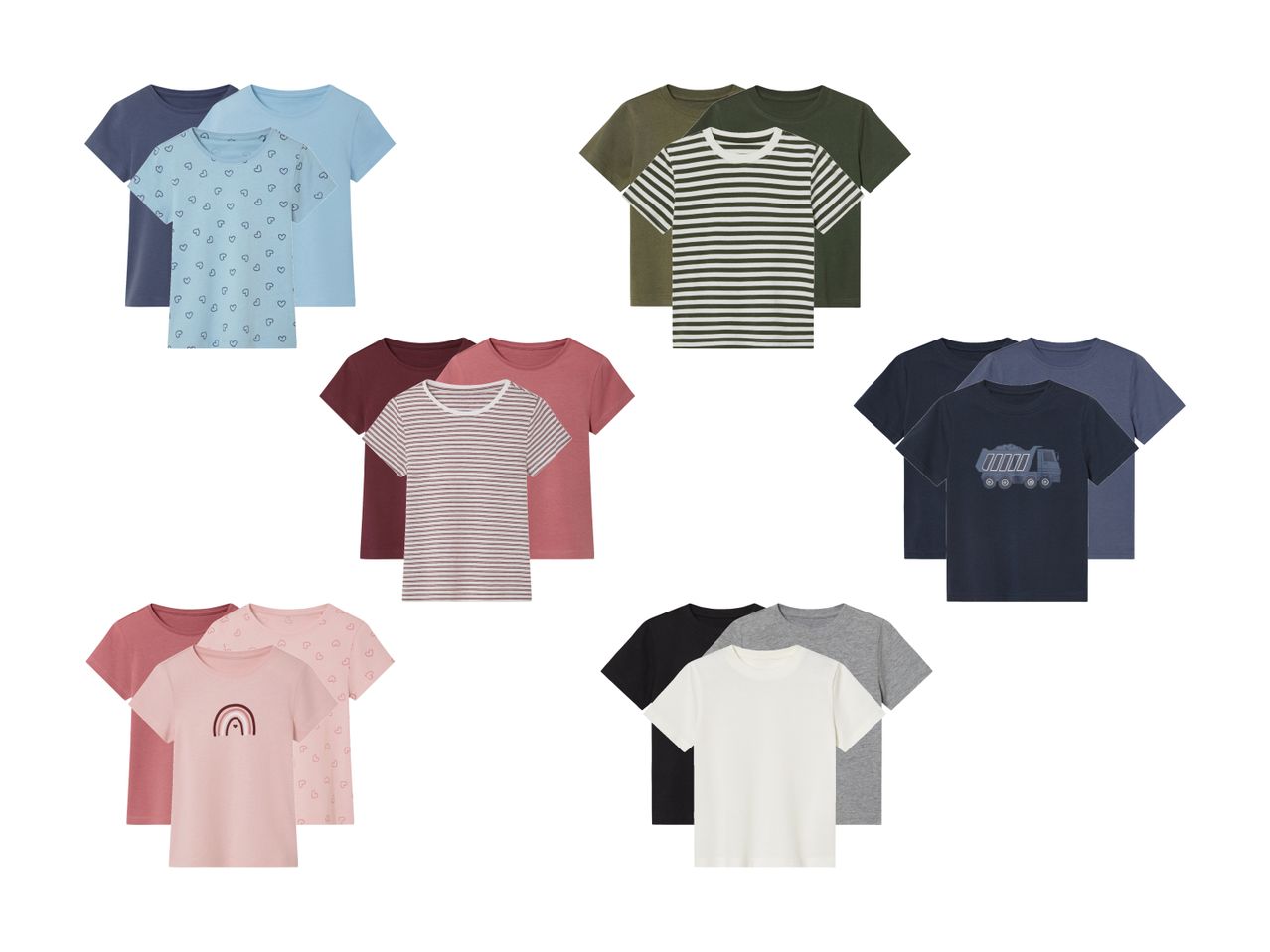 Sortiment Damen-T-Shirts, 2er-Pack, verschiedene Farben.