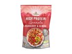 High protein cranberry and almond granola in a resealable pouch.