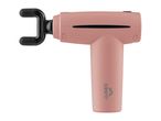 Pink massage gun with a U-shaped attachment on a white background.