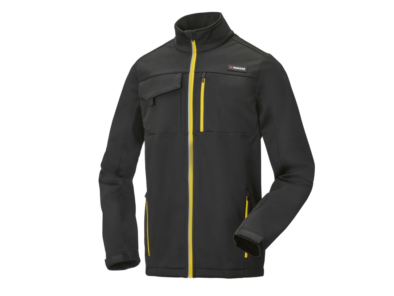 Giacca softshell nera con cerniere e dettagli gialli