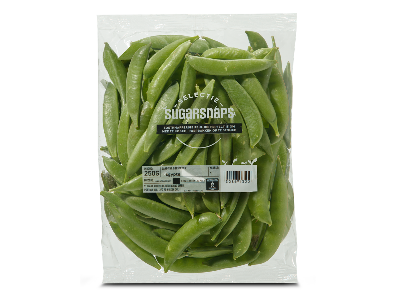 Selectie Sugarsnaps: 250g zakje verse sugarsnaps.