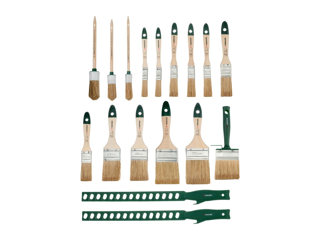 A set of various paintbrushes, including round, flat, and block brushes, with two paint can openers.
