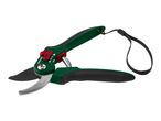 Green and black bypass pruning shears with a wrist strap