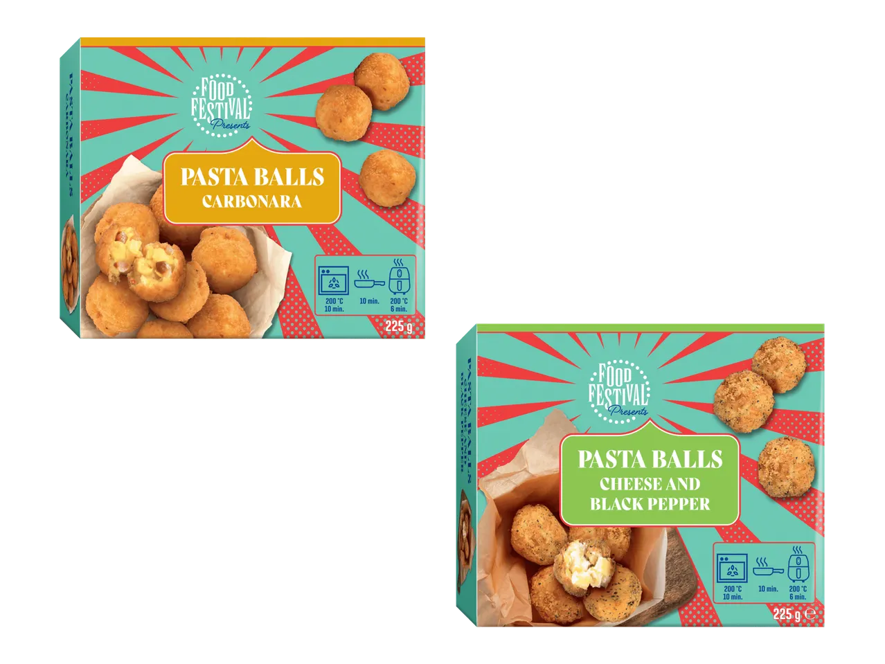 Kaksi pakkausta pastapalloja: toinen carbonara- ja toinen juusto- ja mustapippurimakuinen.