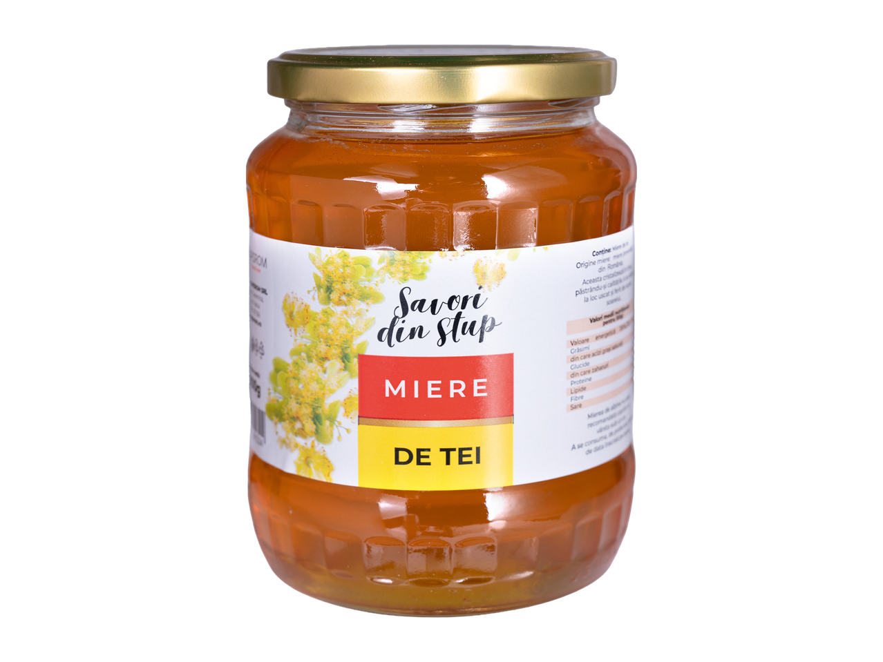 Borcan de miere de tei „Savori din Stup” cu etichetă albă, roșie și galbenă.