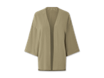 Ein beigefarbener Kimono-ähnlicher Cardigan mit dreiviertelärmeln.