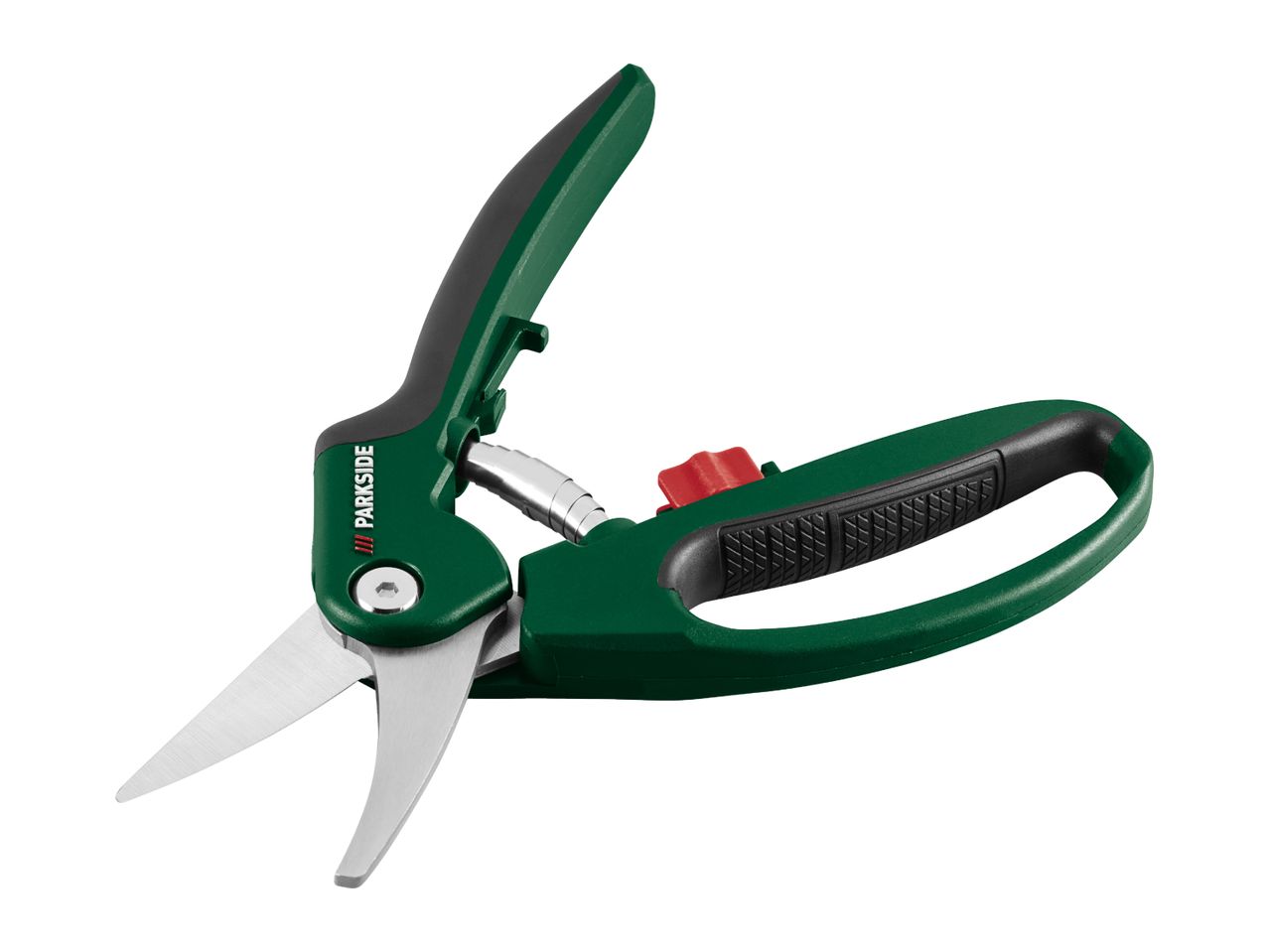 Green and black garden shears with stainless steel blades and a red locking mechanism.