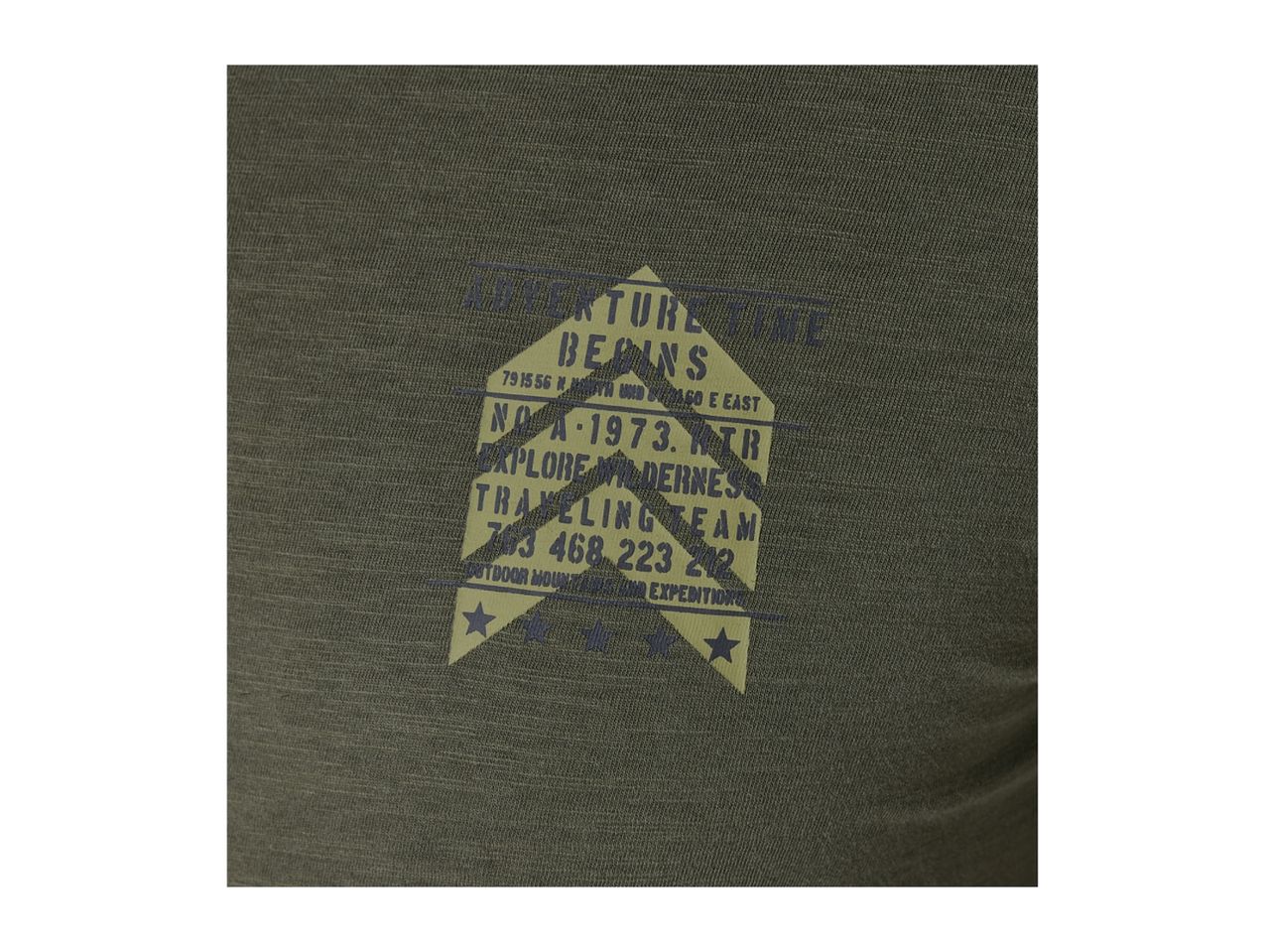 A close-up of a green t-shirt with a graphic print that reads 'ADVENTURE TIME BEGINS'.