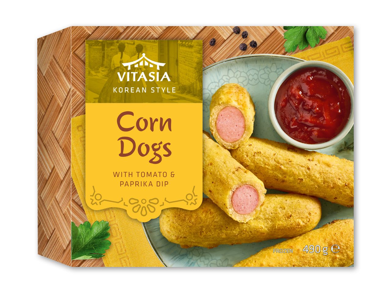 Koreanske corn dogs med tomat- og paprikadip, 490g.