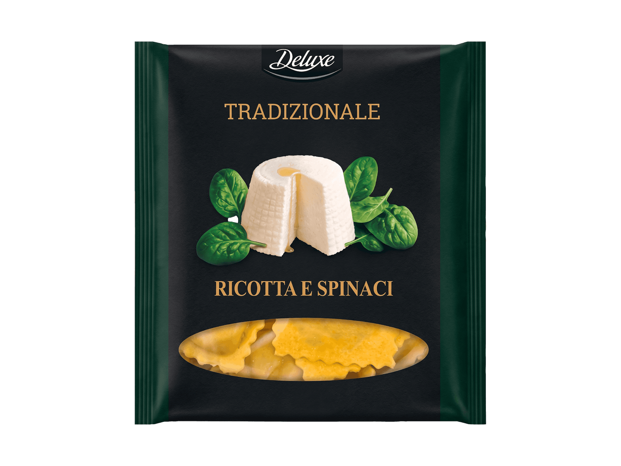 Confezione di ravioli ricotta e spinaci, con immagine di ricotta e spinaci.