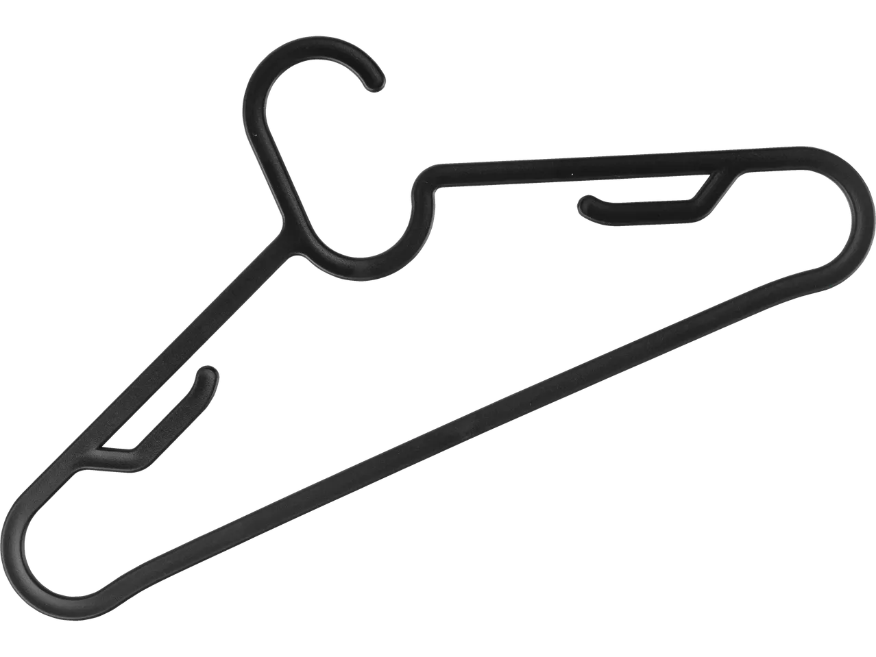A black plastic clothes hanger with a hook.