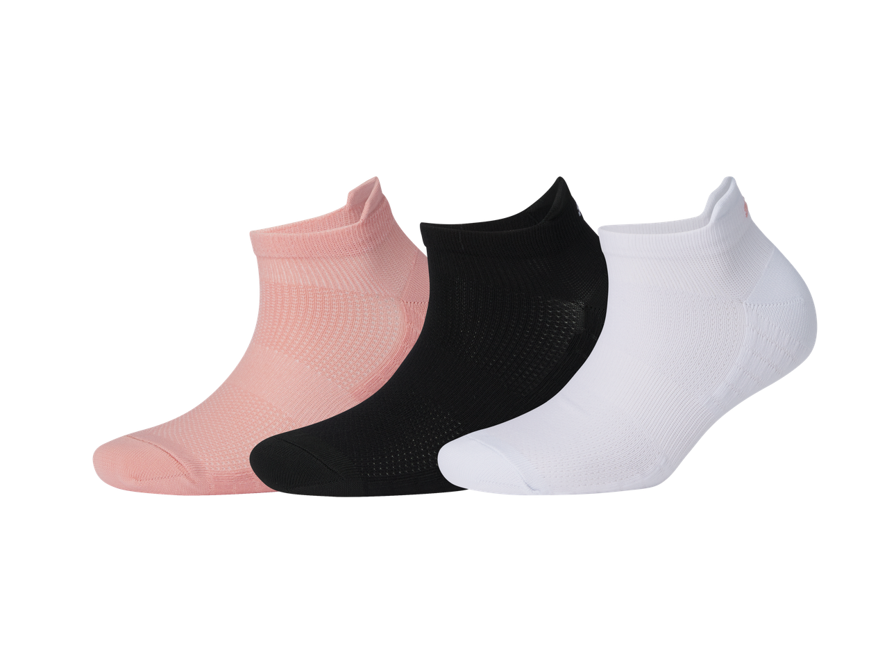 Trīs zeķu pāri rozā, melnā un baltā krāsā.