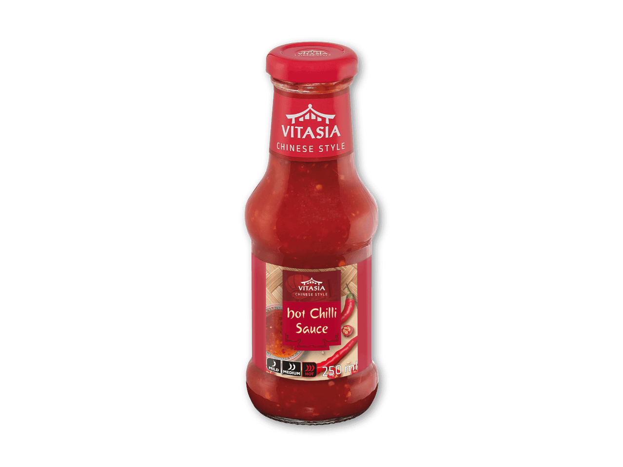 En flaske kinesisk hot chili sauce med en styrkeindikator og mængden 250 ml.