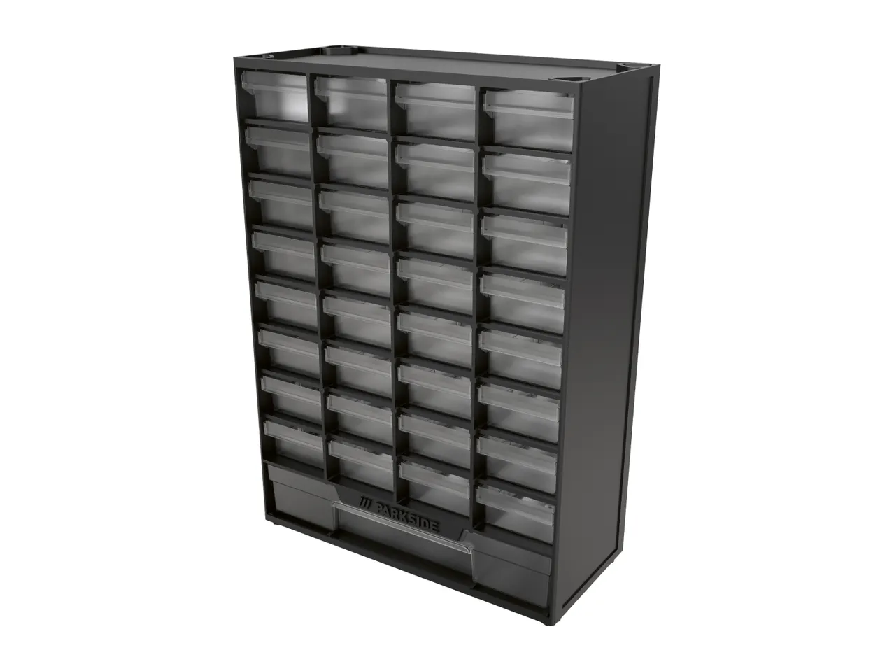 Black storage cabinet with multiple clear drawers for small parts, with a larger drawer at the bottom.