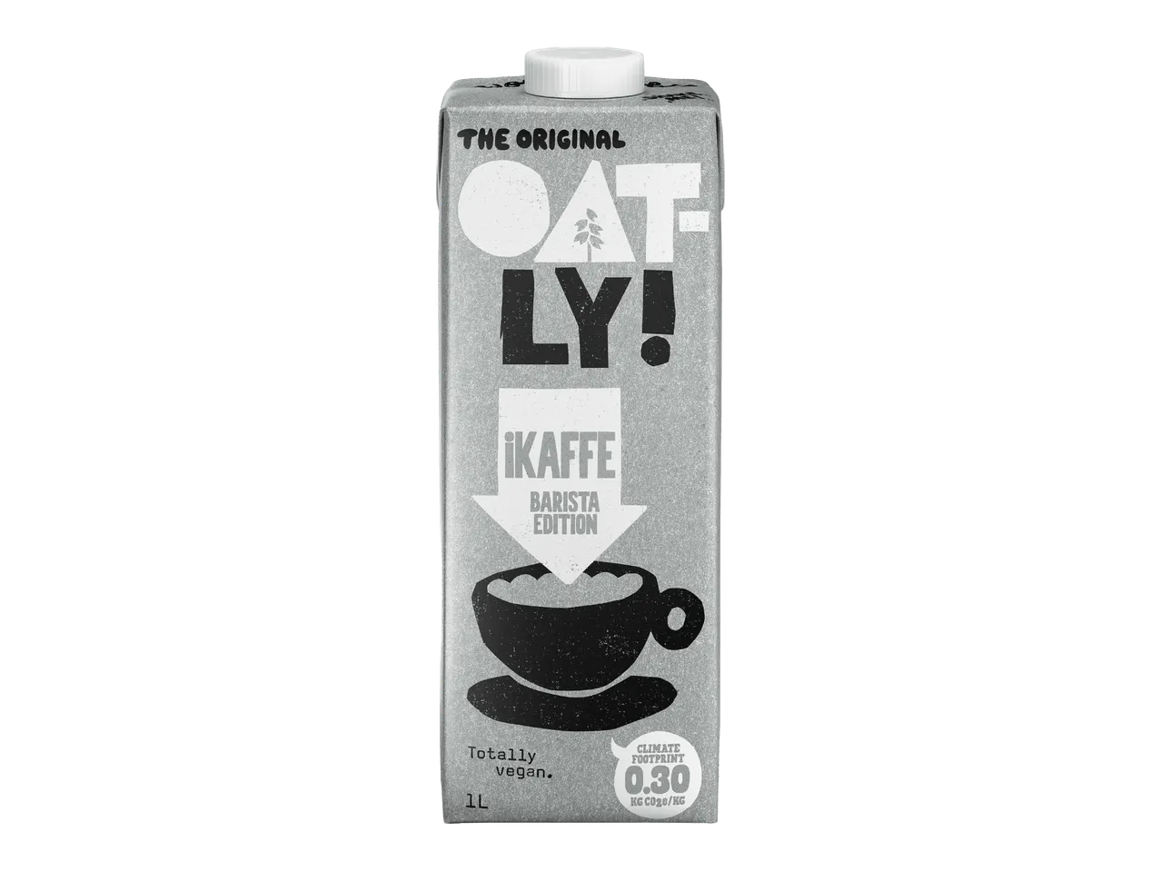 Harmaa kaurajuomapakkaus, jossa lukee 'THE ORIGINAL OAT-LY! IKAFFE BARISTA EDITION' ja 'Totally vegan. 1L'.