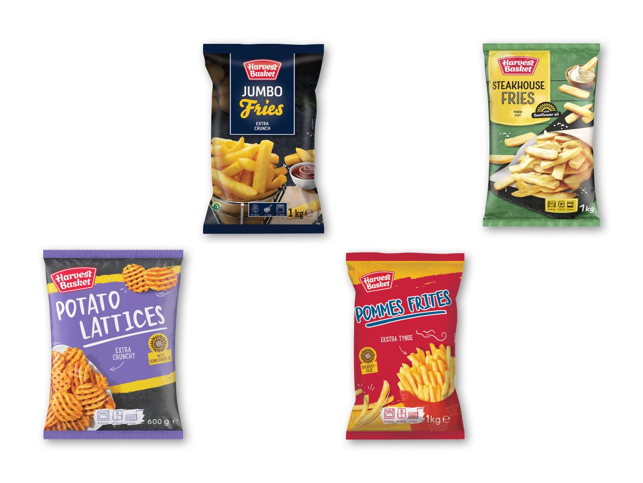 Forskellige frosne pommes frites-produkter, herunder Jumbo Fries, Steakhouse Fries, Potato Lattices og Pommes Frites.