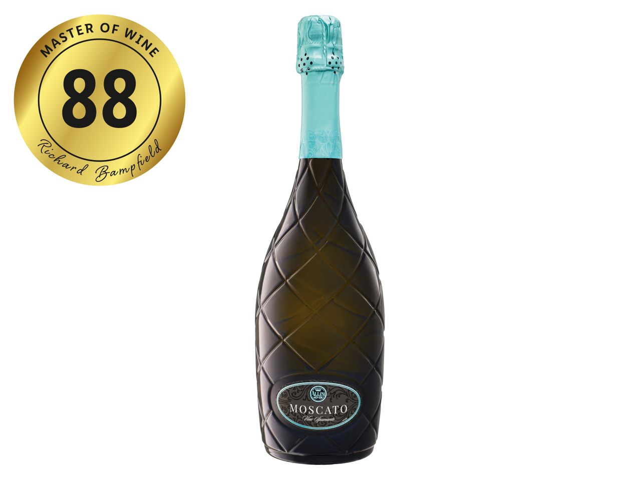 Moscato sparkling wine bottle with a Master of Wine 88-point rating by Richard Bampfield.