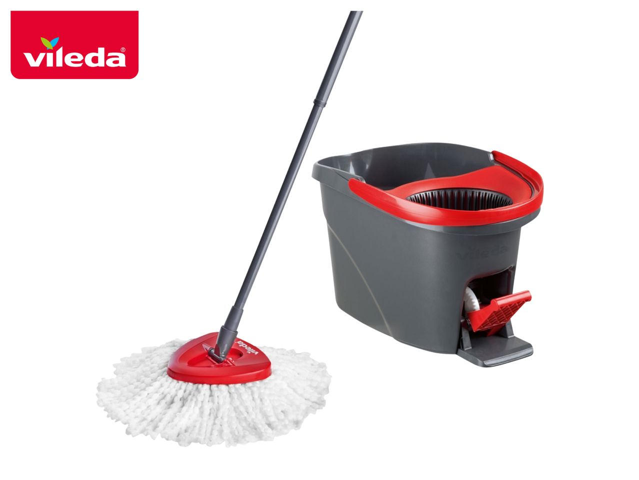 A red and grey spin mop and bucket set with a foot pedal for wringing.