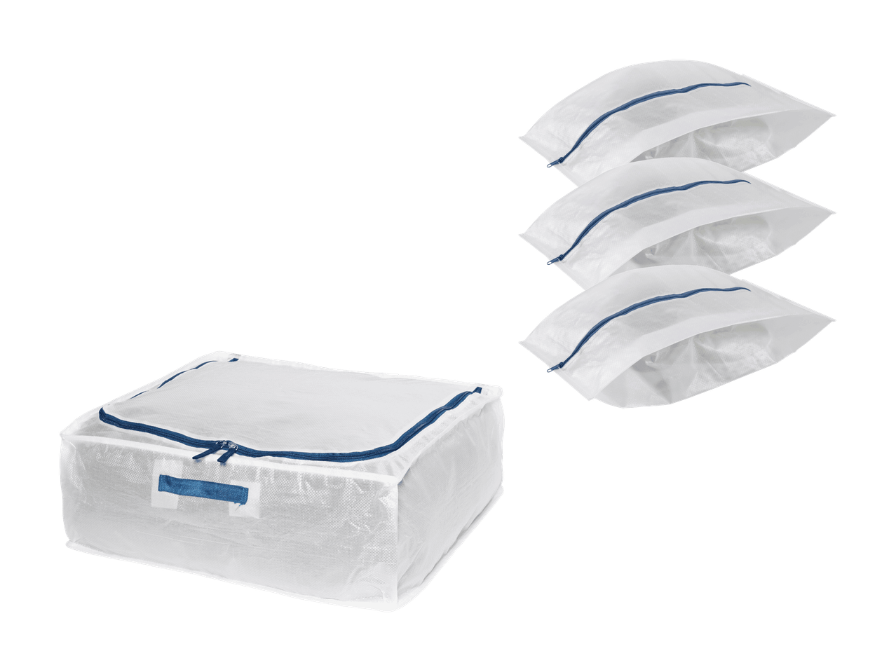 Boîte de rangement pour linge et sacs à linge blancs avec fermetures éclair bleues.