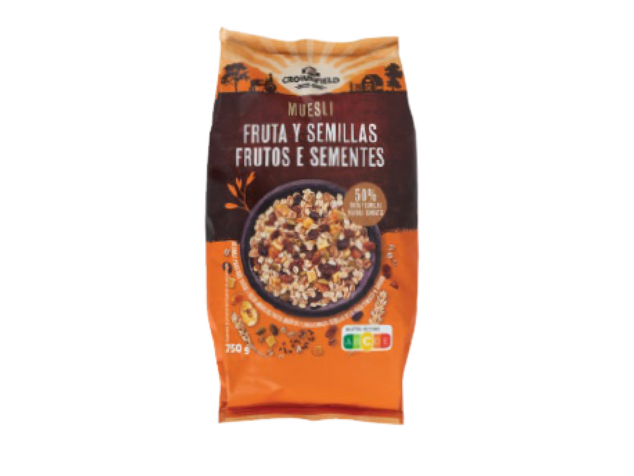 Muesli de fruta e sementes em embalagem laranja e castanha, com 50% de fruta e sementes.