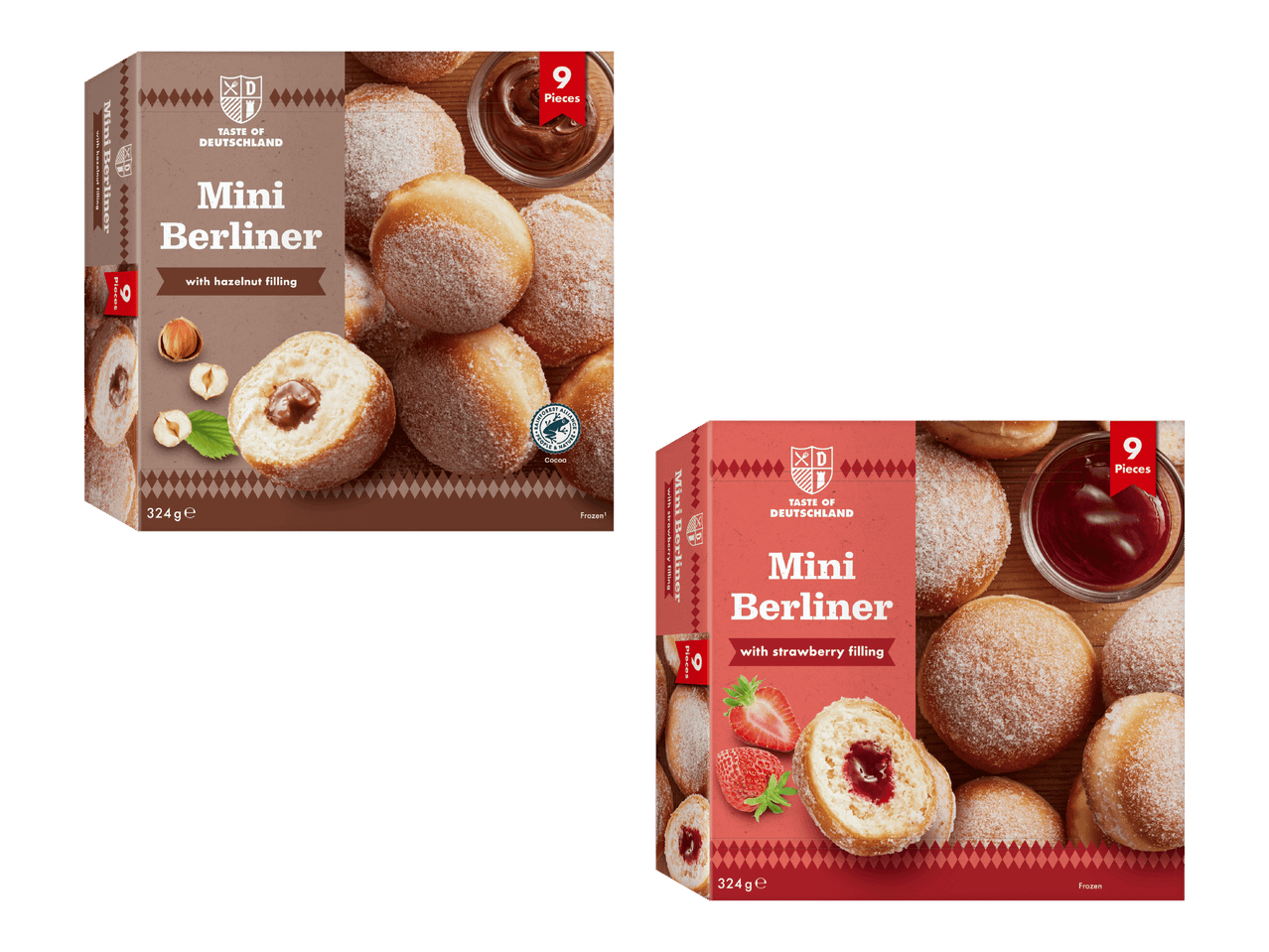 Hasselpähkinä- ja mansikkatäytteiset Mini Berliner -munkit, 324 g.