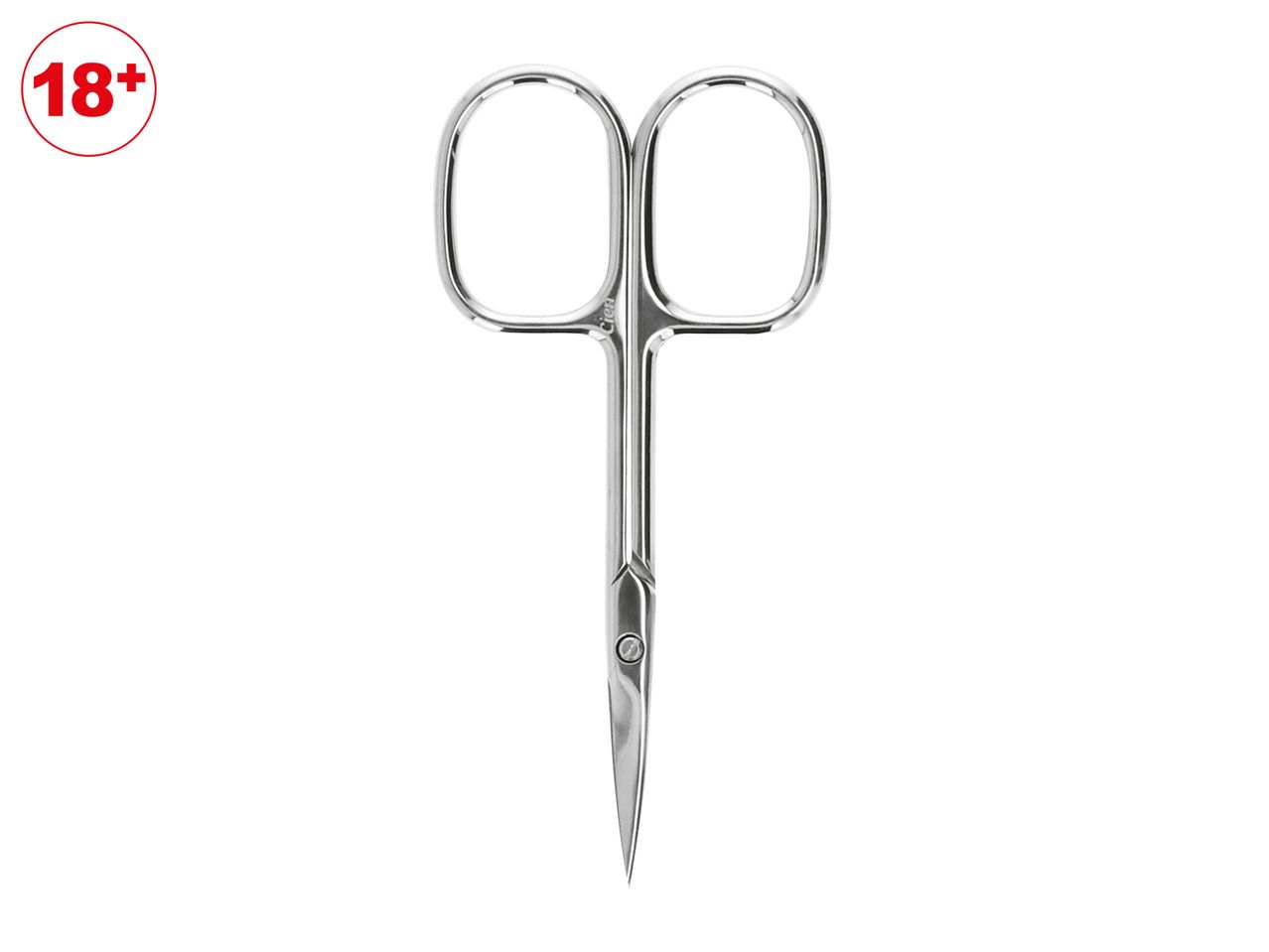 Small, shiny metal nail scissors with an 18+ age restriction symbol.