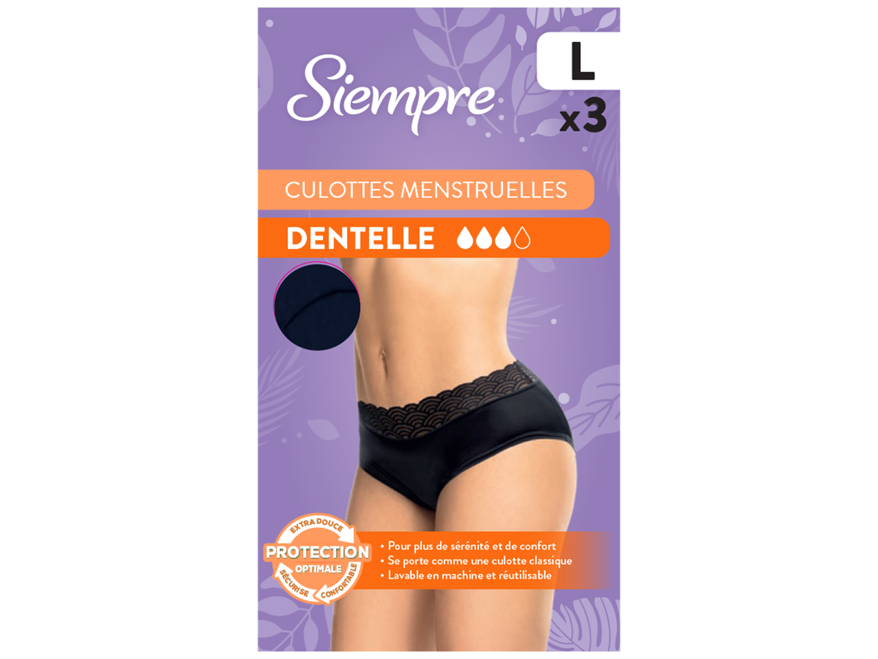 Culottes menstruelles en dentelle, taille L, par lot de 3, offrant une protection optimale et réutilisables.