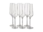 Six elegant champagne flutes arranged for display.
