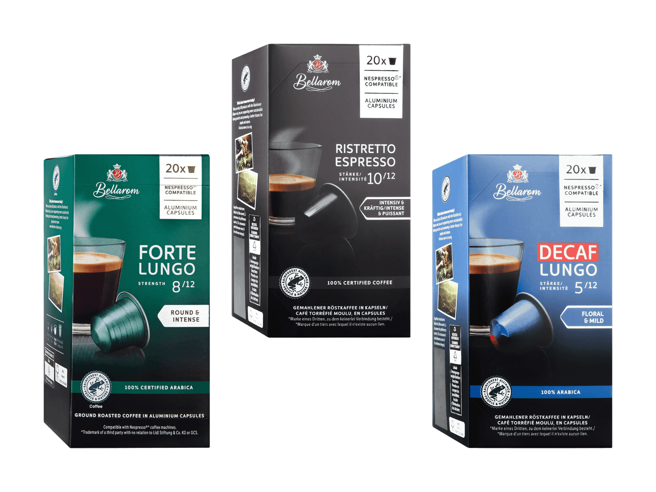 Drei Packungen Nespresso-kompatibler Kaffeekapseln: Ristretto Espresso, Forte Lungo und Decaf Lungo.