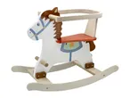 Wooden rocking horse with a white body, brown mane, and blue harness details.