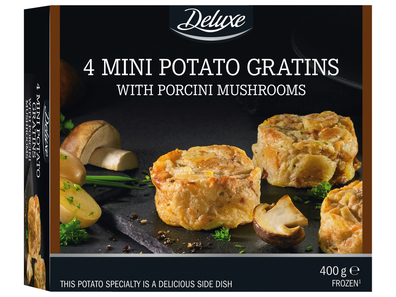Deluxe: 4 mini aardappelgratins met porcini-zwammen, diepvries.