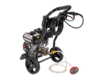 Gas-powered pressure washer with wheels.