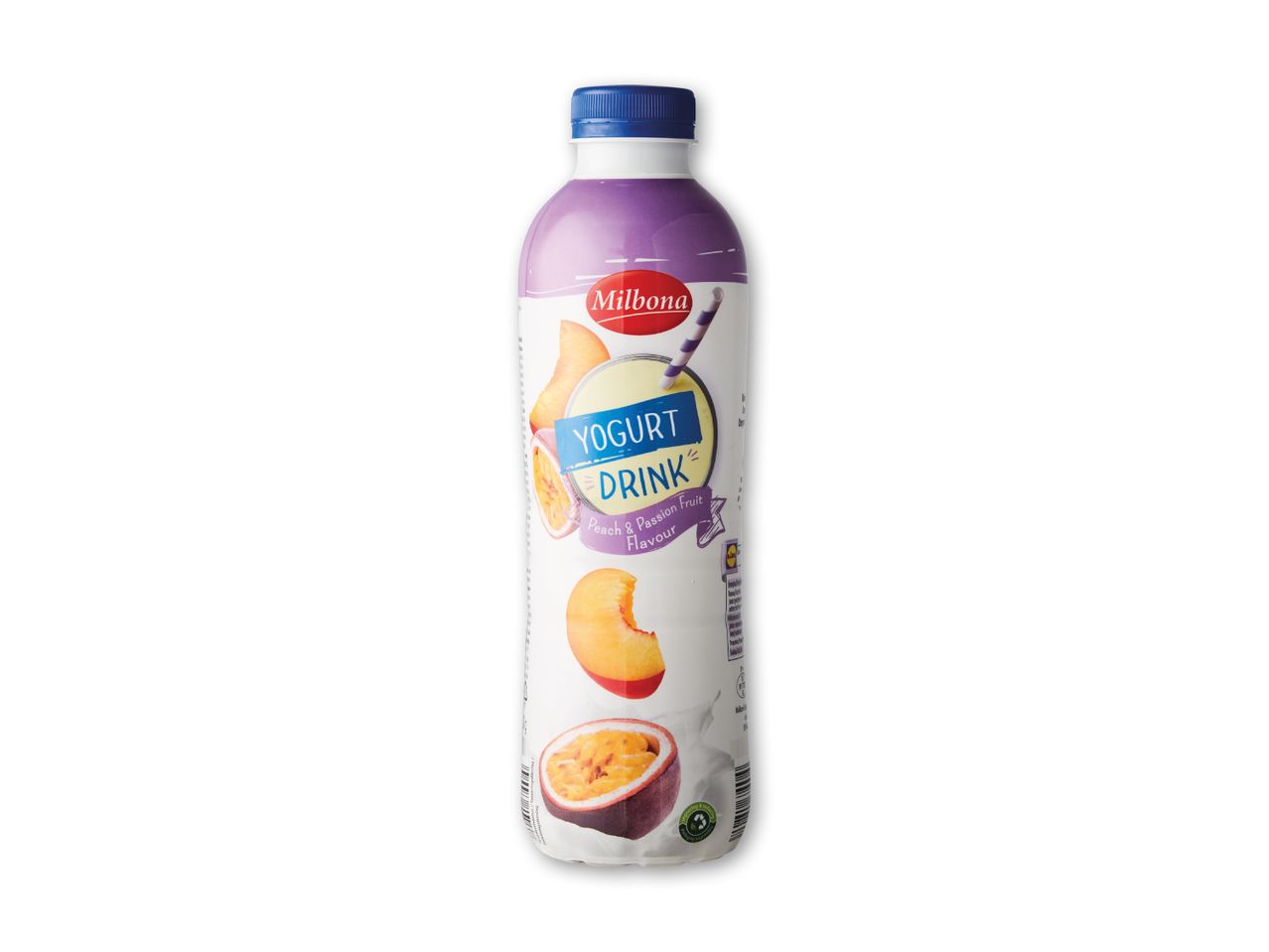 En flaske fersken- og passionsfrugtyoghurt med et sugerør og frugtillustrationer.