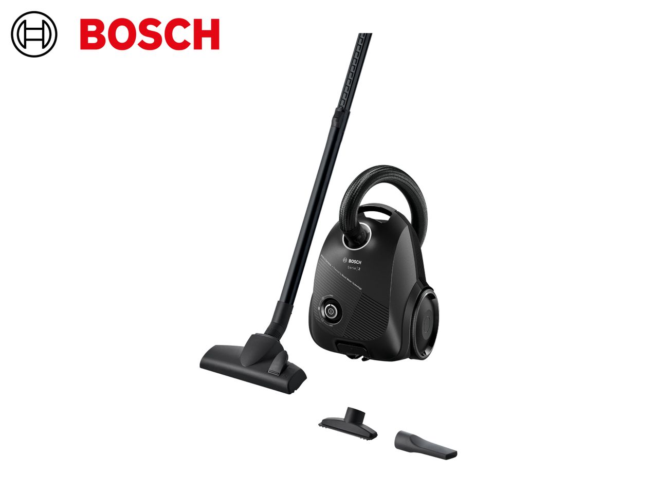 Black vacuum cleaner with hose, telescopic wand, floor nozzle, and two accessory nozzles.