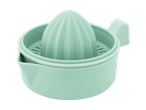 Mintgrøn citruspresser i plast med en riflet kegle og si.