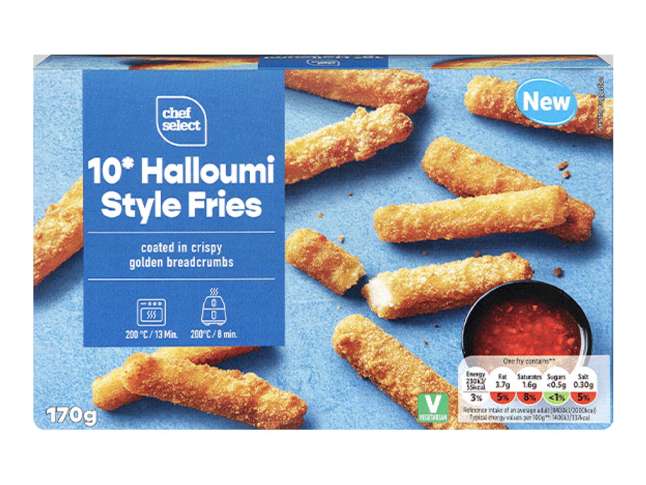 Chef Select 10 Halloumi Style Fries in a blue box with a bowl of sauce.
