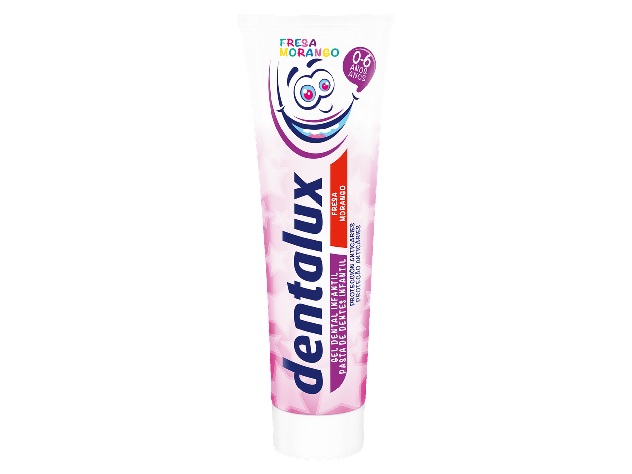 DentaLux creme dental infantil, sabor morango-laranja.