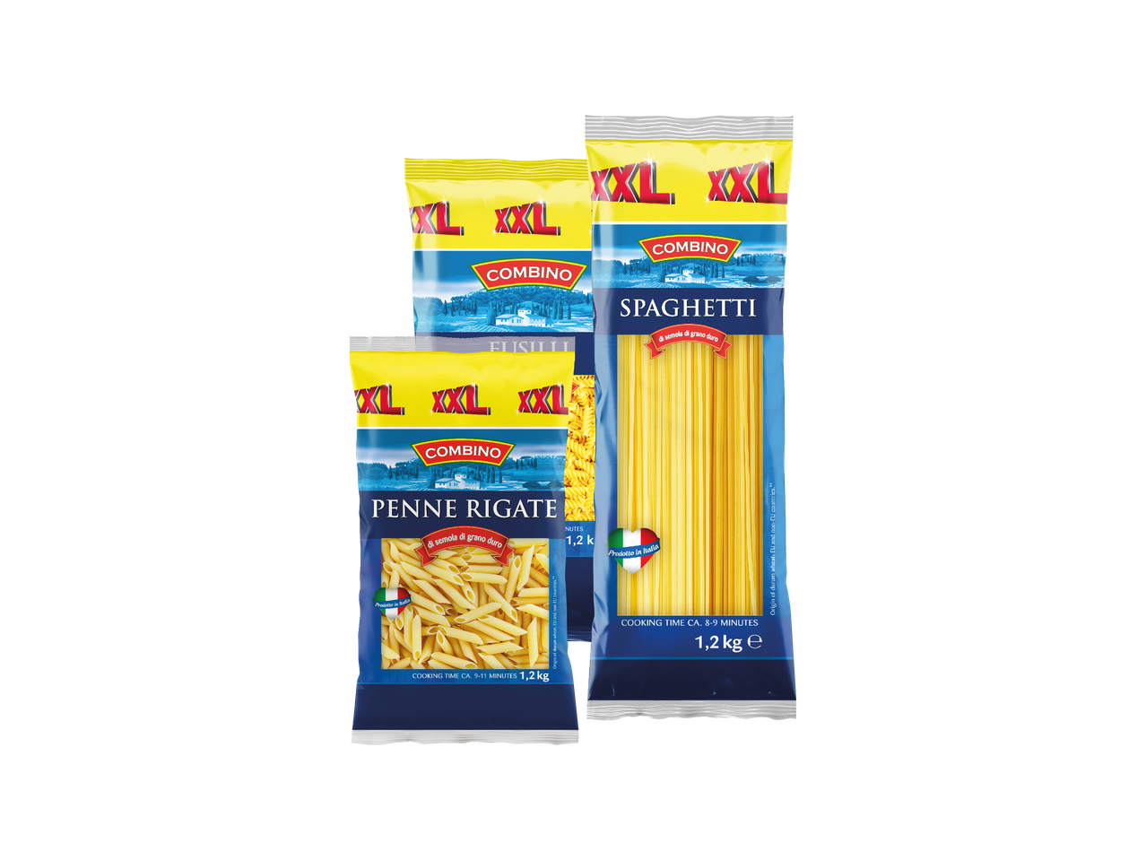 Tri pakiranja Combino tjestenine: špageti, penne rigate i fusilli.