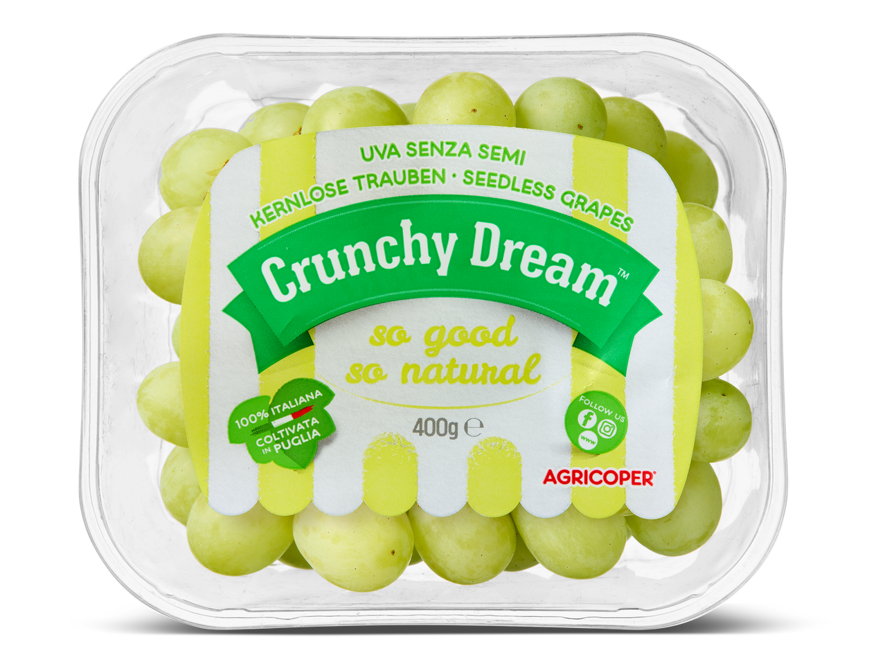 Een doorzichtige verpakking met groene pitloze druiven, met een etiket waarop 'Crunchy Dream' staat.