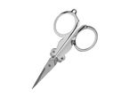Et par sølvfarvede, sammenfoldelige sysakse med fingerhuller og spidse blade.