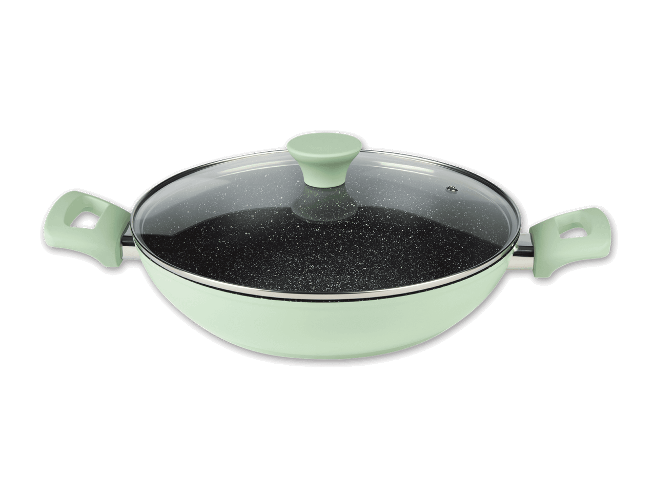 Ein mintgrüner Wok mit Glasdeckel und marmorierter Beschichtung.