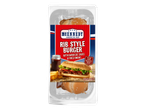 McKennedy rib-style burger in verpakking: met barbecuesaus en uien.
