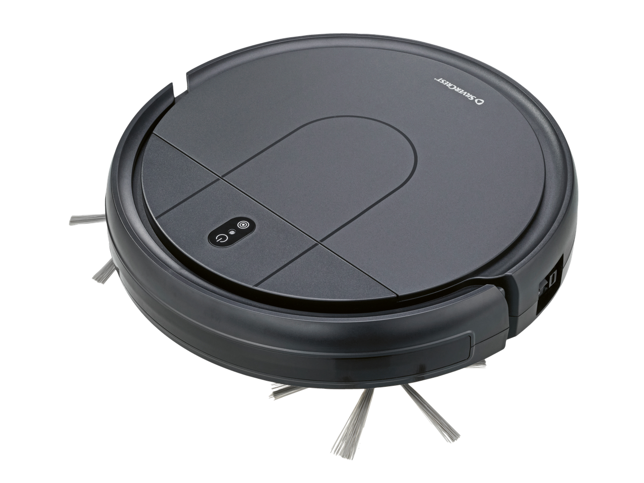 Aspirador robótico SILVERCREST® em cinzento escuro com escovas laterais.