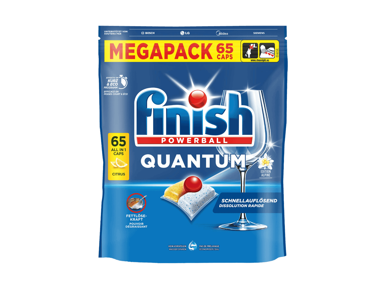 Packung mit 65 Geschirrspül-Tabs, Zitrusduft, effektiv auch im Kurz- und Eco-Programm.