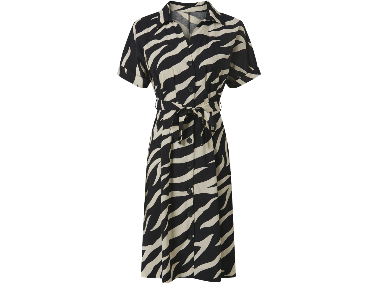Črno-bela midi srajčna obleka z zebrastim vzorcem
