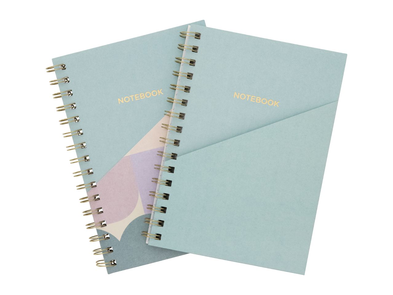 Two light blue spiral notebooks with gold 'NOTEBOOK' text, one partially overlapping the other.