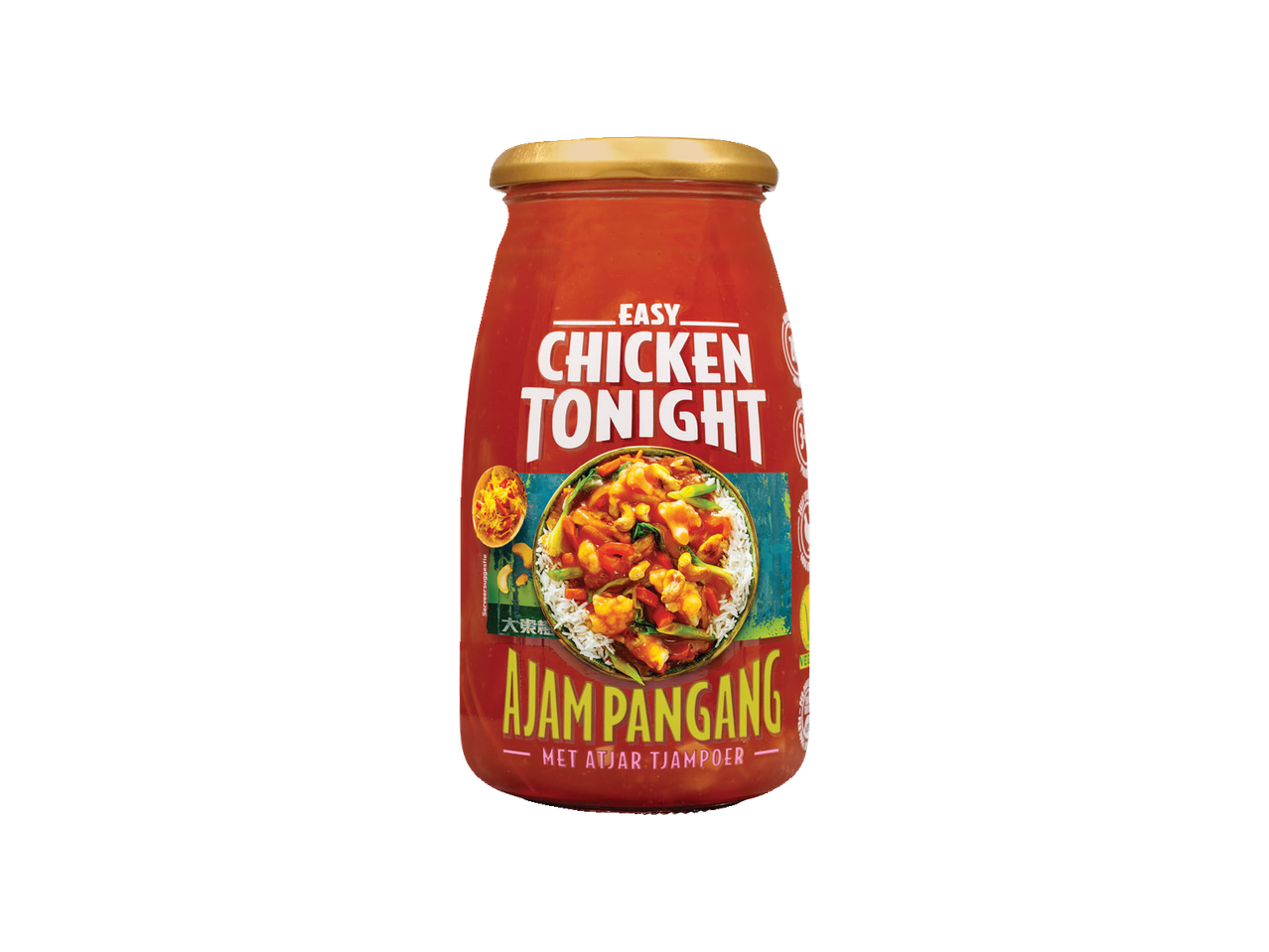 Chicken Tonight Ajam Pangang saus met een serveersuggestie van kip en rijst.