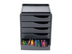 Dark grey desk organizer with five drawers, the bottom one open and filled with colorful pens.