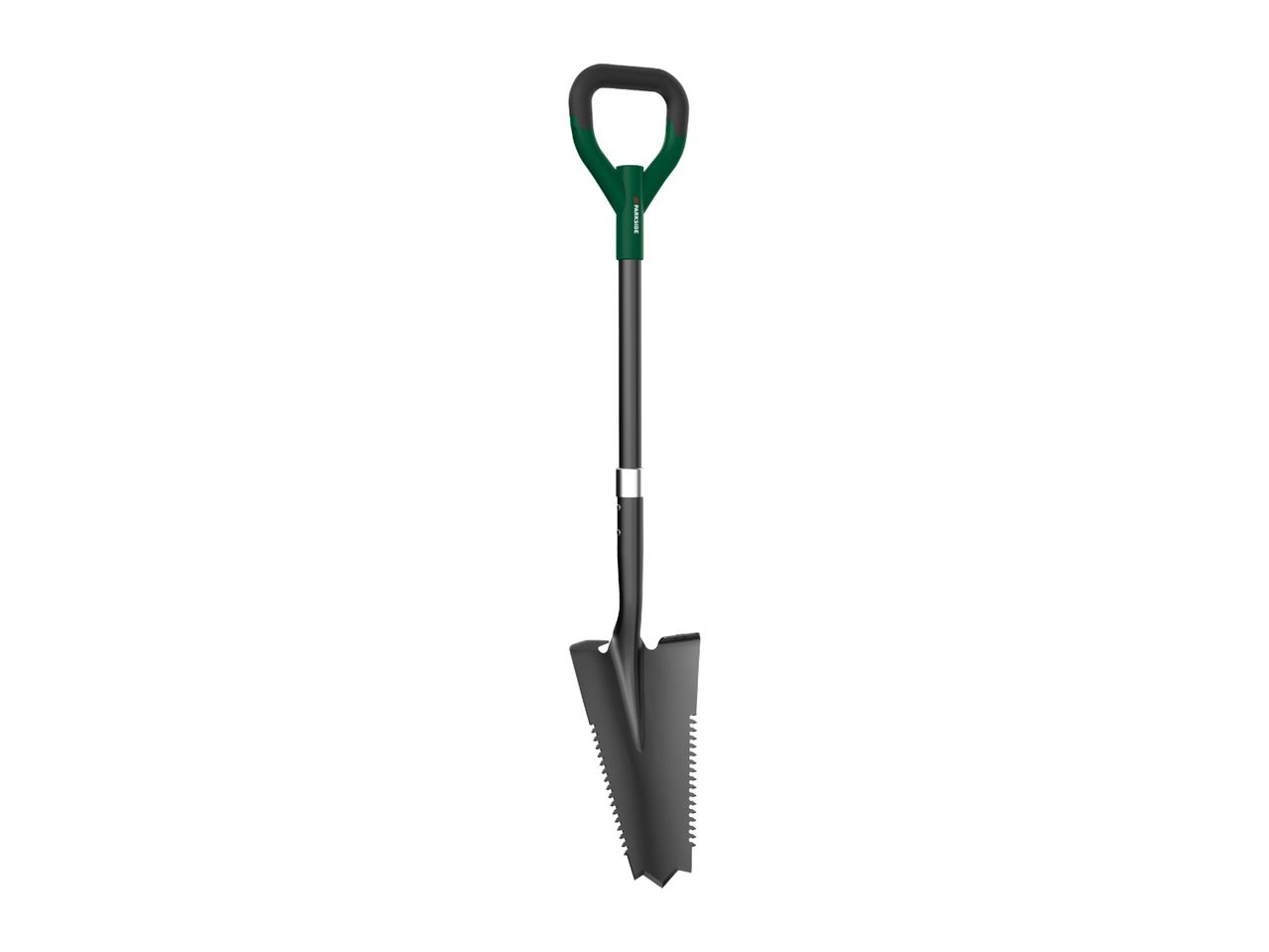 A black and green digging shovel with a serrated edge and a D-handle.